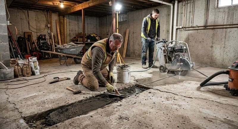 Cracked Basement Floor Repair in Waltham, MA